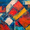 Bold and colorful abstract geometric painting with vibrant colors on canvas.